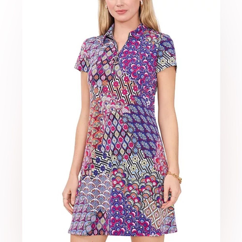 MSK Patterned Short Sleeve A-Line Dress Geometric Abstract Floral Petite Large